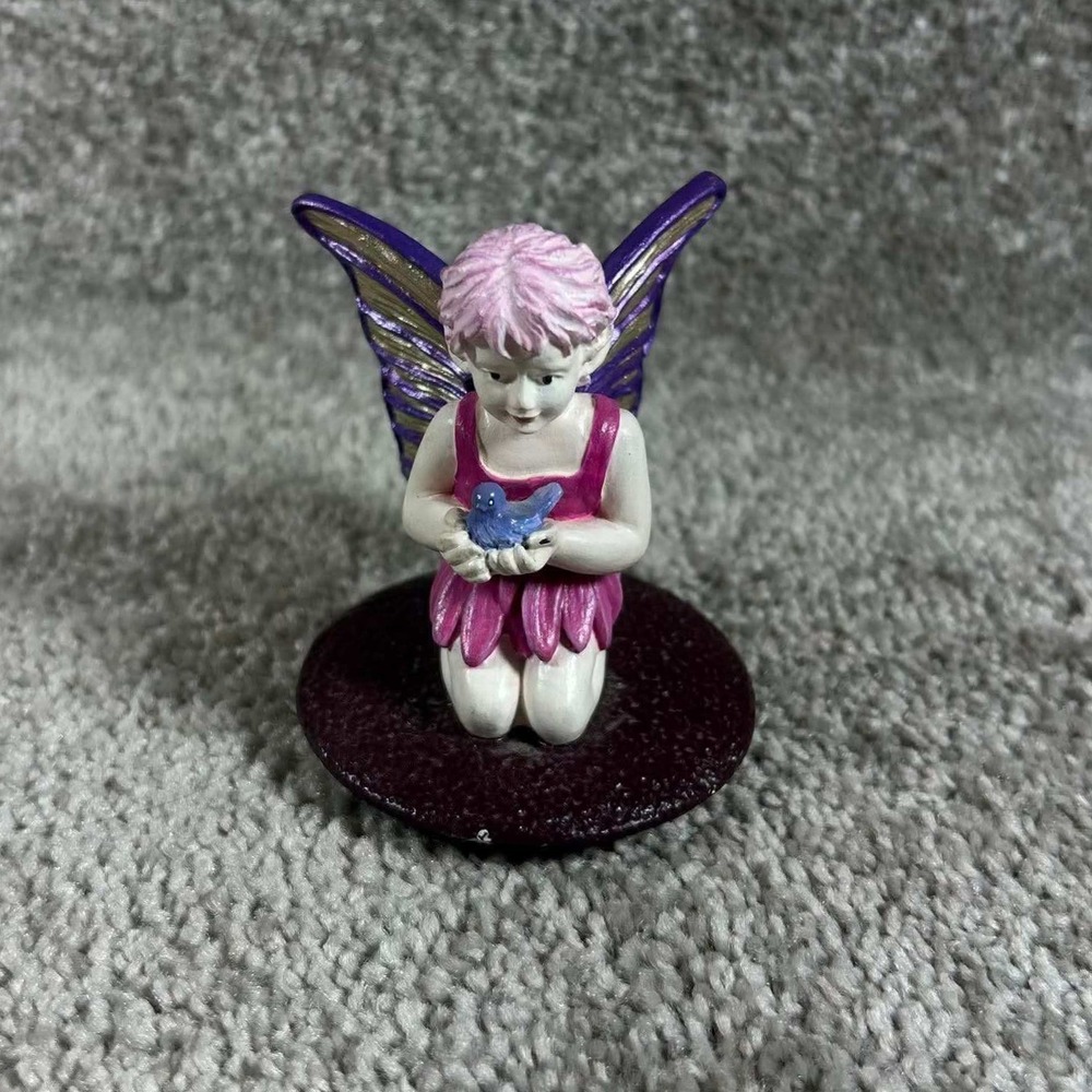 Fairy Figurine Pink Purple Kneeling Pixie with Blue Bird Fairycore Whimsical